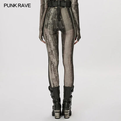 PUNK RAVE Women's The Post-apocalyptic Techwear Tight Printing Mesh Leggings Decayed Feeling Sexy Personality Street Wear Pants