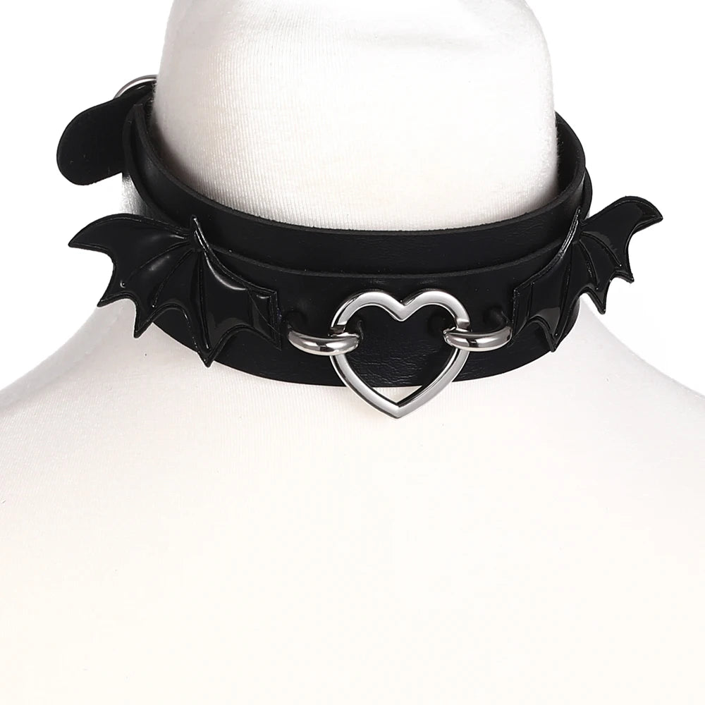 Black Leather Bat Wings Choker Necklace For Women Girls Goth Cute Heart Collar Gothic Jewelry Aesthetic Halloween  Accessories