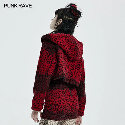 PUNK RAVE Women's Punk Leopard Short Coat Daily Wear Winter Thick Warm Zipper Pure Cashmere Hooded Loose Jacket Black & Red