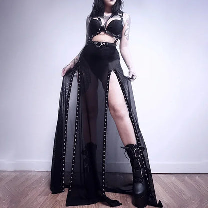 Harajuku Punk Black Hollow Out Skirt Y2K Goth Grunge Patchwork Eyelet Split Long Skirt Summer Sexy Night Club Skirt