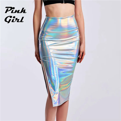 Chic Women Slim Long Holographic Laser Skirt Female High Waist Split Midi Skirts Office Lady Sexy Knee Length Skirts Summer New