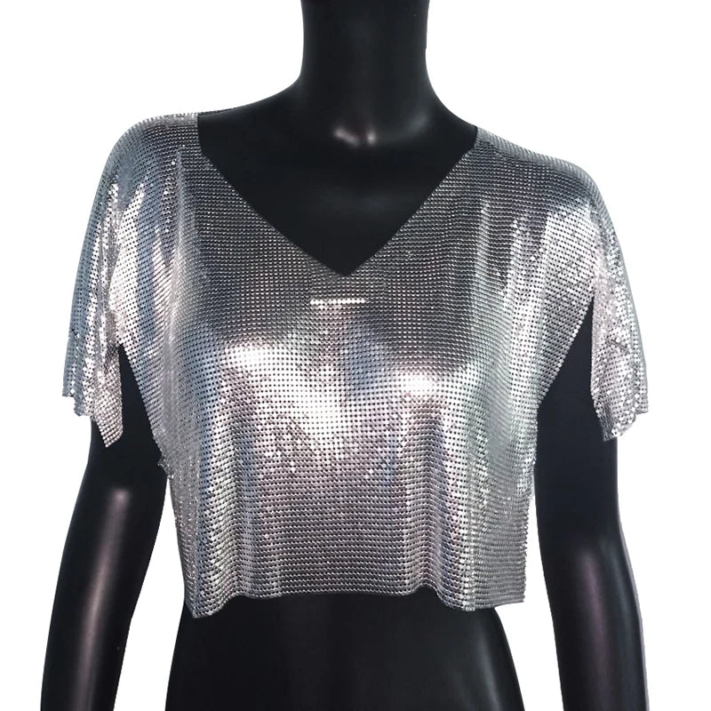 Y2K Women Punk Style Metallic Crop Tops Spice Girl Sexy V-neck Short Tee Female Nightclub Party Rave Outfits Goth Street T-shirt