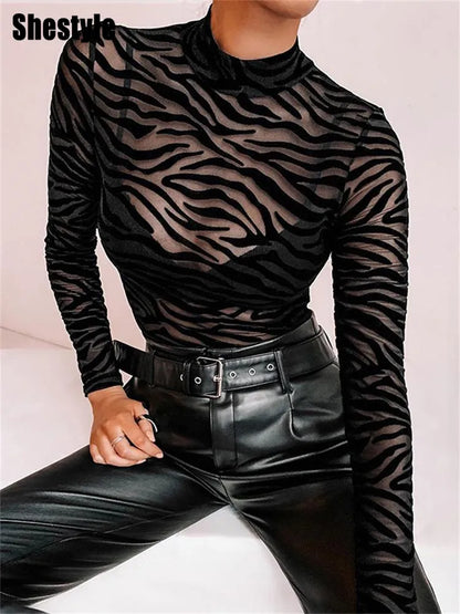 Shestyle Tiger Print Mesh Transparent Bodysuit Women Black Sexy Mock Neck Button Long Sleeve Spring Elastic Punk Body Slim