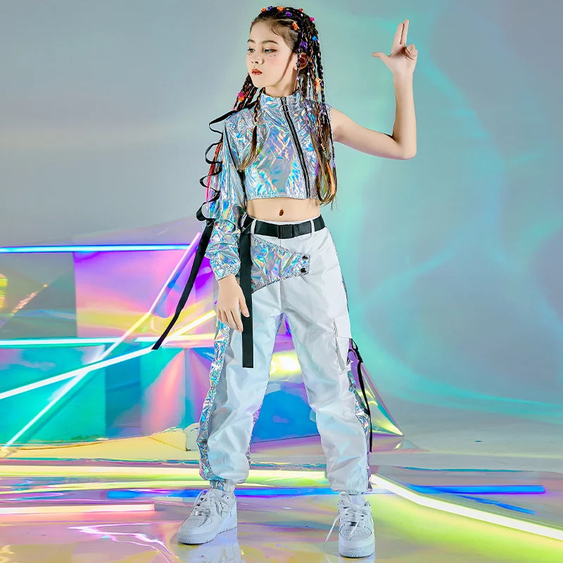 Reflective Rave Outfit Girl Sets Jazz Dancewear Festival Crop Tops Cargo Pants Catwalk Show Costume Hip-Hop Dance Clothes