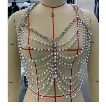 CuiEr Handmade White Pearl Sexy Tops for Women Rhinestones Crystal Bikini Fanatical Body Chain Jewelry Festival Outfit