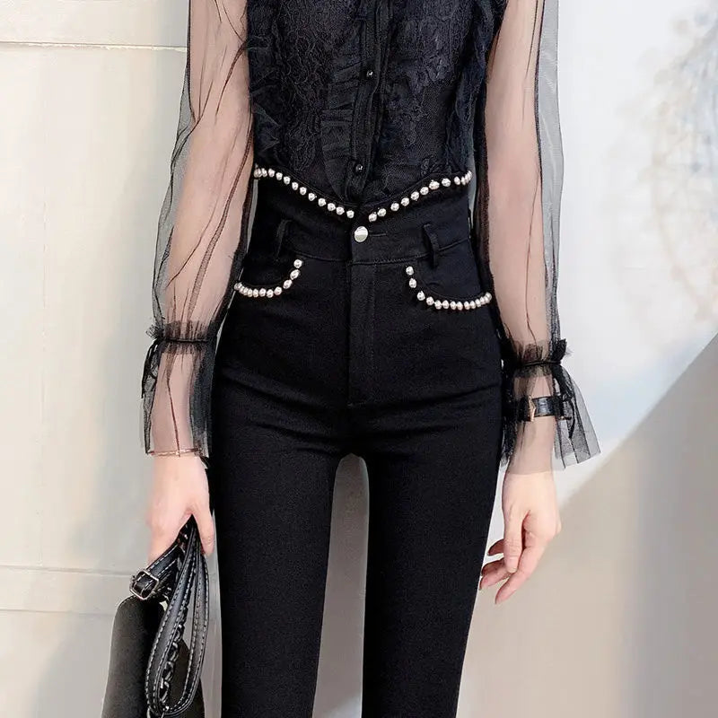 2022 New Spring Autumn New High Waist Tight Fitting Slim rivet Decoration Stretch Black Pencil Pants Women