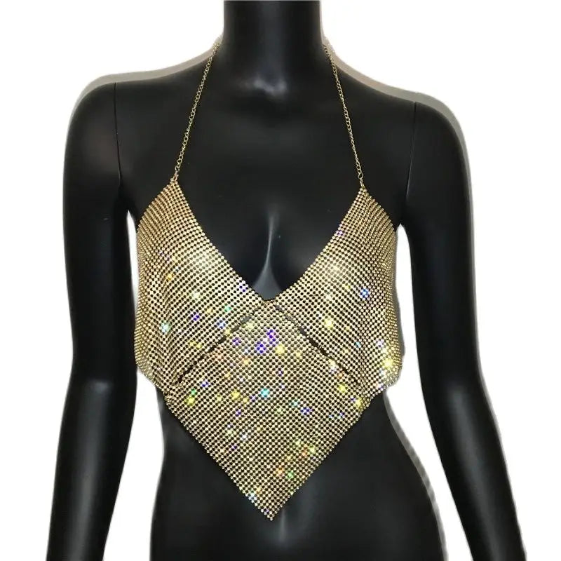 AKYZO Femmes Licou À La Main Strass Camisole Brillant Plage Haut Court 2023 Fête d'été Club Or Métal Diamant Fête Débardeurs