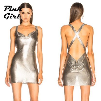 Women Soild Color Metallic Mini Dresses Backless Sexy Night Club Outfits Female Fashion Low Cut Gown Festival Party Short Dress