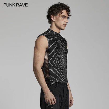 PUNK RAVE Men's Cyberpunk Style Futuristic Stretch Lightwave Printed Vest Casual Cool sexy Tees Summer Tank Top Men