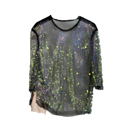 ColorShiny Diamonds  Electric syllable  Basic Shirt Ladies Temperament Slim Crystal round Neck half-Sleeved Sexy Party Club Top