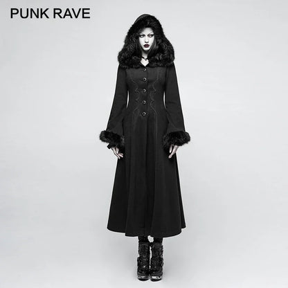 PUNK RAVE New Designs Gothic Winter Coat Women Black Disc Flowers Long Worsted Hood Female Coats Embroidery Raincoat Autumn