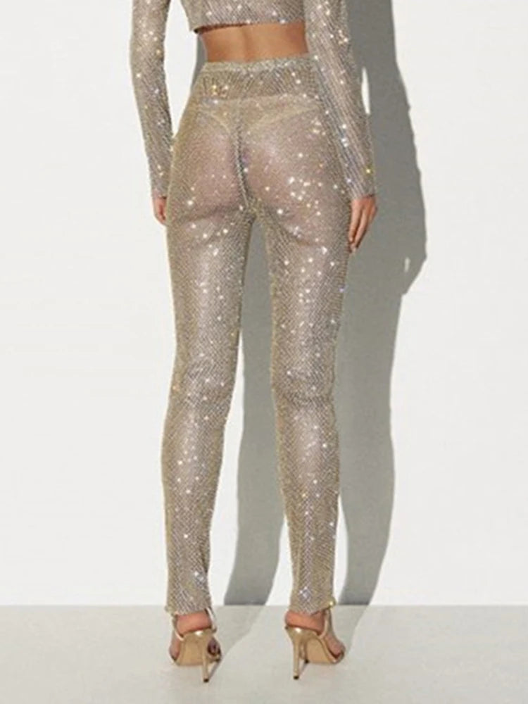 Festival Rave – pantalon à paillettes et diamants, vêtements à la mode, tenues de boîte de nuit Sexy pour femmes, taille moyenne, pantalon en maille transparent, 2023