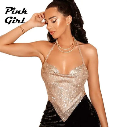 Y2K Glitter Rhinestone Halter Tank Tops para mujer Festival Fiesta Sexy Camisola de corte bajo Funky Girls Chic Espalda descubierta Triángulo Chaleco