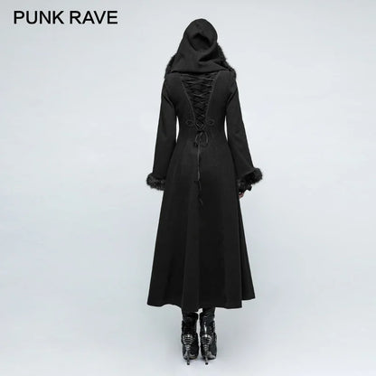 PUNK RAVE New Designs Gothic Winter Coat Women Black Disc Flowers Long Worsted Hood Female Coats Embroidery Raincoat Autumn