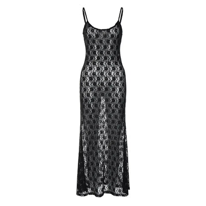 Robe transparente en maille pour femmes, Sexy, noire, dos nu, à lacets, longue, à la mode, fleur de prunier, à lacets, été, 2023, 301