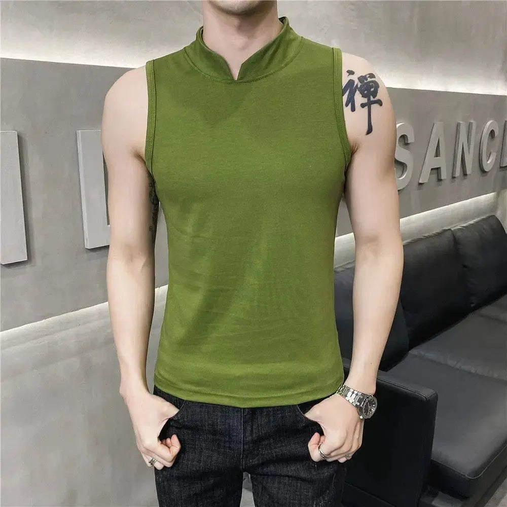 Chaleco Sexy de verano para hombre, camiseta interior deportiva transpirable con cuello alto pequeño, camiseta interior ajustada Sexy sin mangas