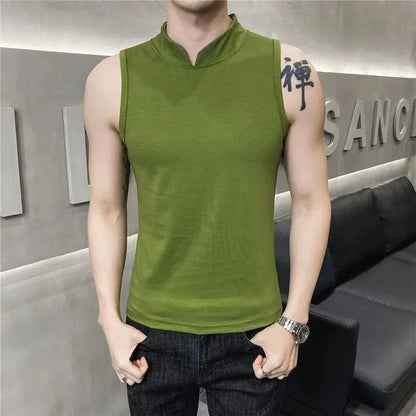 Men's Summer Sexy Vest Small High Collar Breathable Sports Fitness Bottom Undershirt Sexy Slim Fit Tight Sleeveless Top T-Shirt