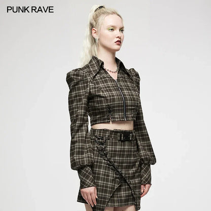 PUNK RAVE Women's College Style Inverted T Shape Plaid Cardigan Punk Texture Drawstring Design Fashion Short Jacket Spring