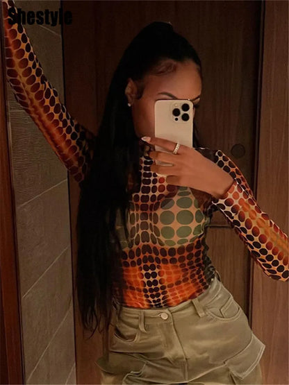 Shestyle Polka Dot 3D Colorful T-Shirt Women Mesh Transparent Turtleneck Full Sleeve Stretchy High Street Casual Tees 2023