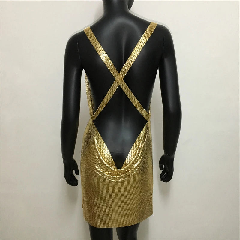 Women Soild Color Metallic Mini Dresses Backless Sexy Night Club Outfits Female Fashion Low Cut Gown Festival Party Short Dress