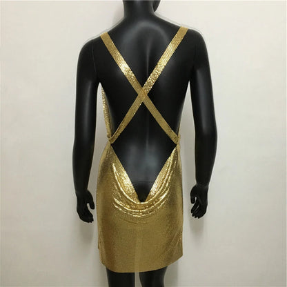 Women Soild Color Metallic Mini Dresses Backless Sexy Night Club Outfits Female Fashion Low Cut Gown Festival Party Short Dress