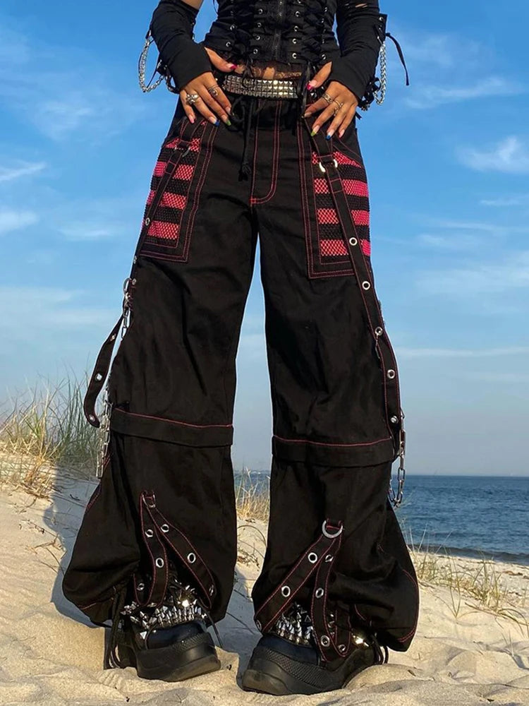 Weekeep Punk Wide Leg Pants Streetwear Low Rise Baggy Gothic Cargo Pants Korean Hip Hop Patchwork Casual Trousers Women Harajuku