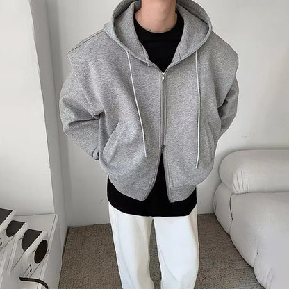 Black Gray Shoulder Pad Hoodie Men's Fashion Casual Cardigan Sweatshirt Men Korean Loose Zipper Hooded Jacket Unisex Trend Coat