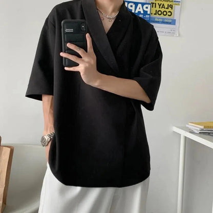 Summer Black White Pullover Shirt Men Fashion Oversized Casual Shirt Men Korean Loose Short Sleeve Shirts Mens Dress Shirt XS