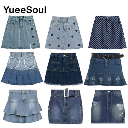 Blue Denim Skirt 2023 New Fashion Printed Pleated High Waist Mini Skirts Y2K Retro Sweet Cute Sexy Streetwear Summer Women Skirt