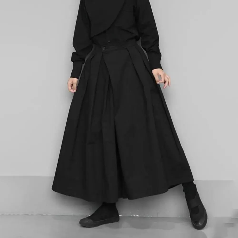 2024 Trendy Gothic Dark Style Loose Cropped Hakama Pants Wide Leg Pants New Large Size Design Sense Samurai Pants Men's Clothing