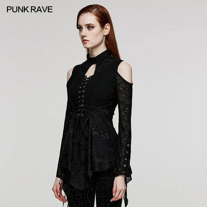 PUNK RAVE-Camiseta gótica de punto con textura de rosa elástica y cuello caído para mujer, camisetas negras sexys caladas para uso diario