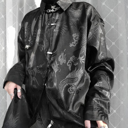 Chemisiers Vintage Harajuku en Satin pour hommes, chemise imprimé Dragon Totem, Streetwear boutonné à manches longues, hauts de Style chinois unisexe