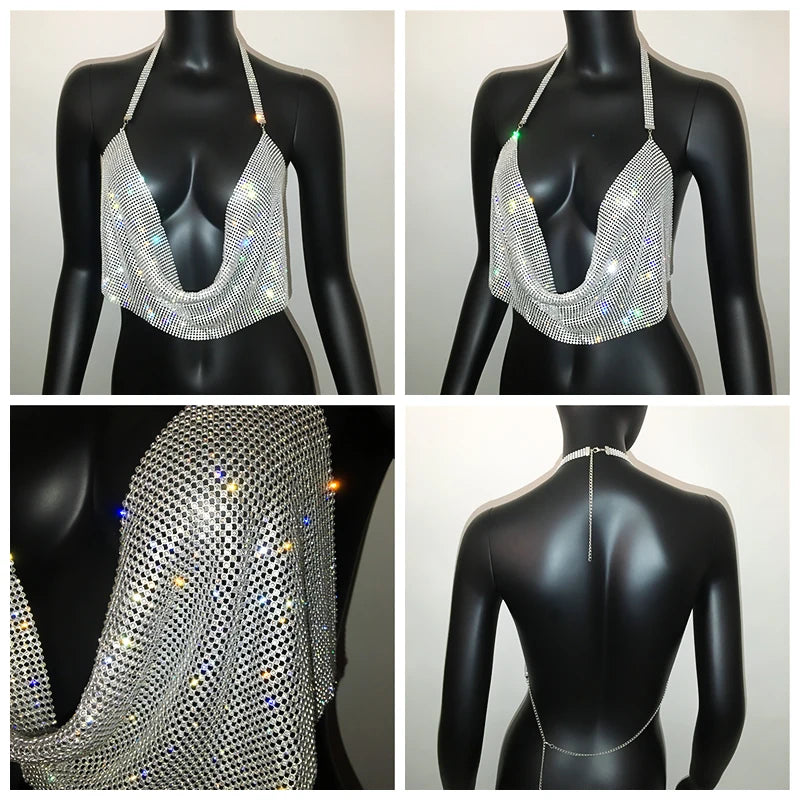 Mini camisola Y2K con diamantes de imitación brillantes, Sexy, con escote en V profundo, para Bar, fiesta en club nocturno, ropa para niñas, Top corto transparente de malla metálica