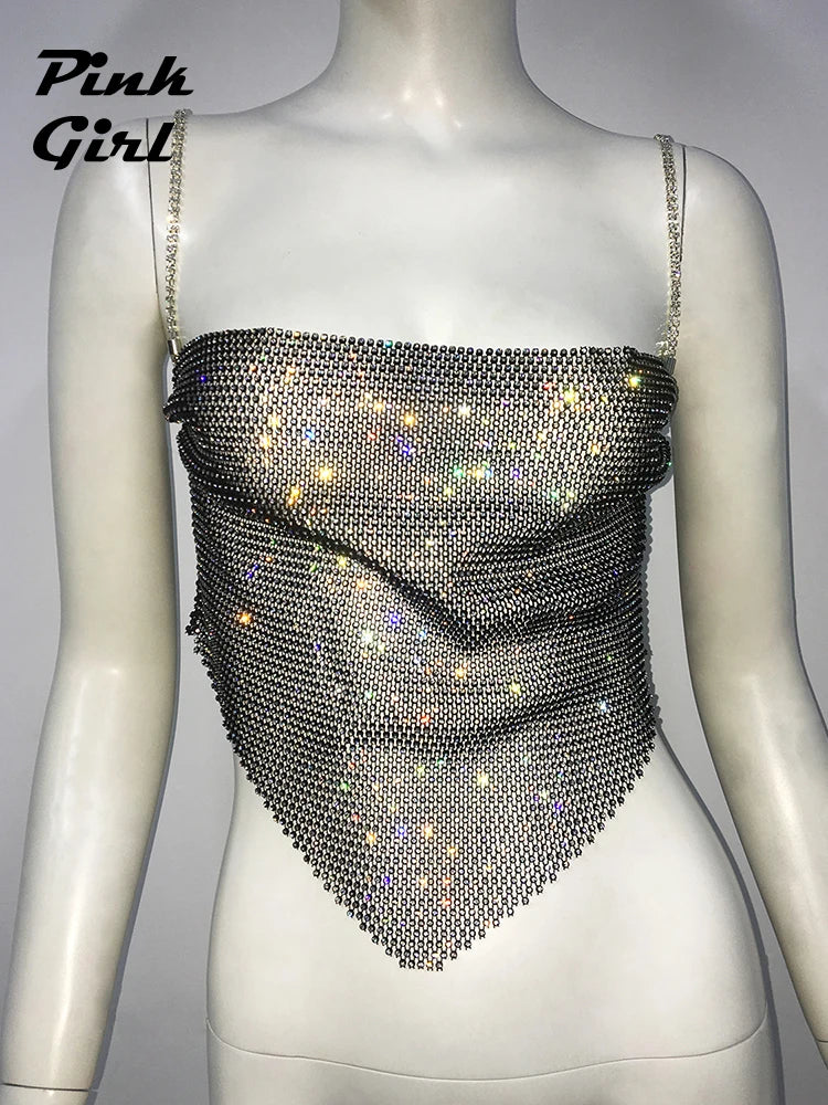 Luxury Diamonds Straps Glitter Tops Night Club Outfits for Women Aesthetic Clothes Sexy See-through Fishnet Low Cut Tank Top New