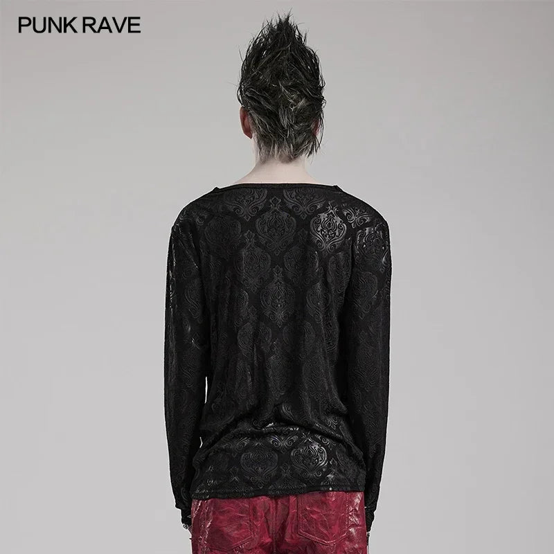 PUNK RAVE Men's Gothic Creative Piled Collar Simple T-shirt Dark Daily Wear Suitable Cool Casual Tops Streetwear Mens T Shirts