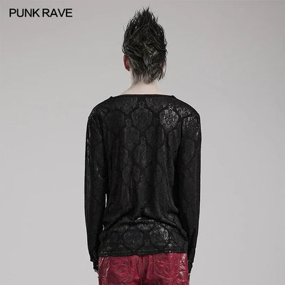 PUNK RAVE Men's Gothic Creative Piled Collar Simple T-shirt Dark Daily Wear Suitable Cool Casual Tops Streetwear Mens T Shirts