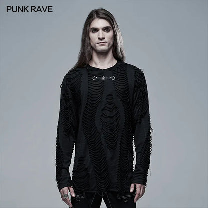 PUNK RAVE Men's Gothic Knitted Burnt Loose Broken Personality Black T-shirt Punk Cool Casual Street Tops Tees Streetwear