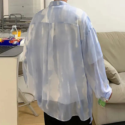 Nouveau Y2k transparent haut à revers hommes à la mode haute rue chemise ample en mousseline de soie Section mince décontracté surdimensionné à manches longues chemise manteau