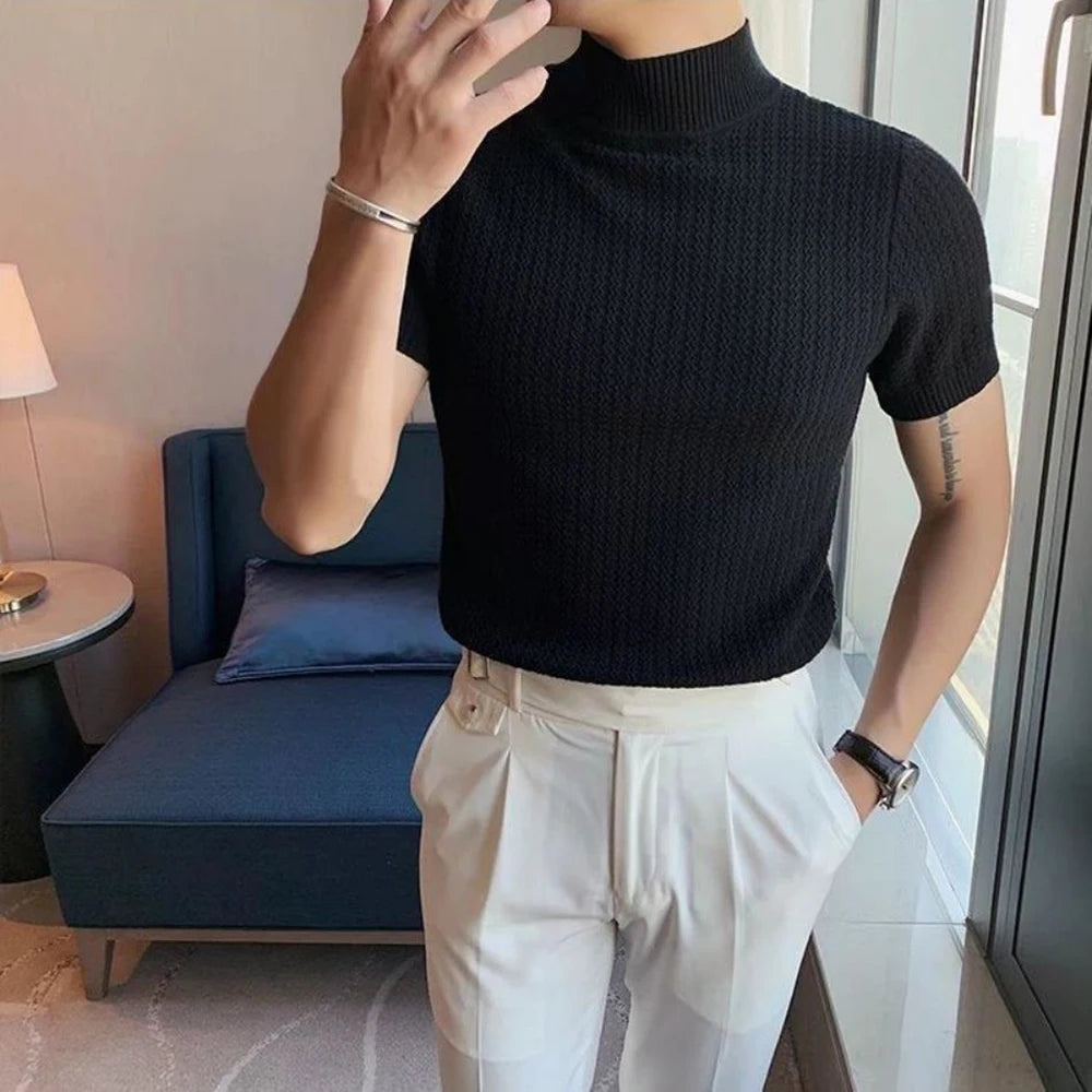 Autumn New Short Sleeve Knitted Sweater Men Tops Clothing 2024 All Match Slim Fit Stretch Turtleneck Casual Pull Homme Pullovers