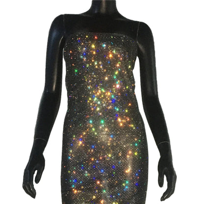 Y2K Flash Rhinestone Fishnet Dresses for Women Cocktail Party Strapless Dress Hot Girl Nightclub Rave Sexy See-through Skirt