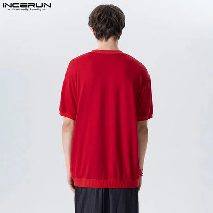 Camisetas de estilo informal a la moda para hombre INCERUN, camisetas tejidas de manga corta con cuello en V estampadas, Camiseta hueca sexi y cómoda, superventas