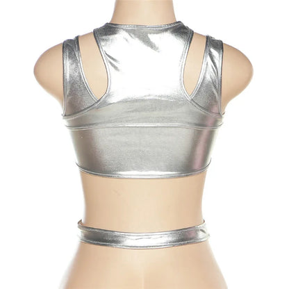 INS Style Silver Sleeveless Crop Top for Women Nightclub Rave Slim Vest Female Summer Casual Wear Sexy Cut Out Tank Tops Y2K