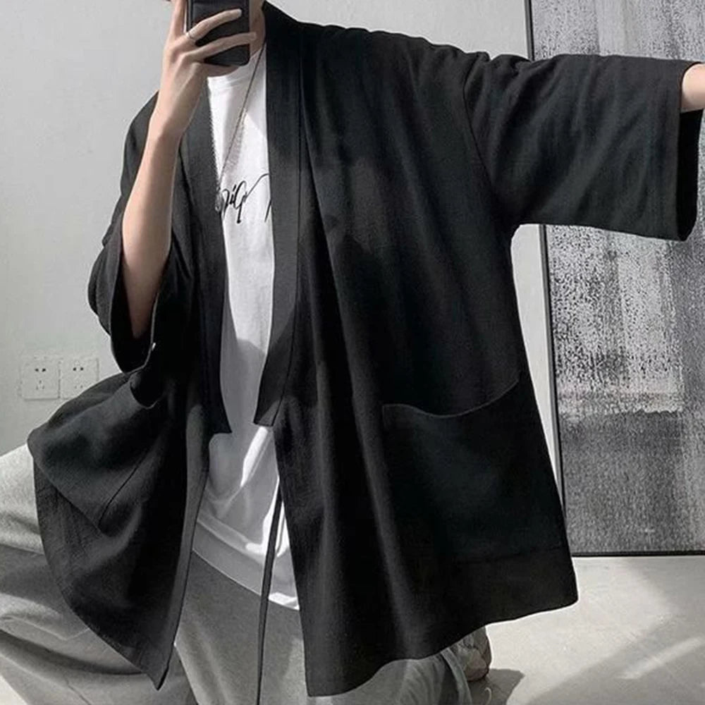 Hommes chemises été trois quarts manches Style japonais rétro poche vêtements d'extérieur ample à lacets respirant chemise mâle Harajuku Hipsters