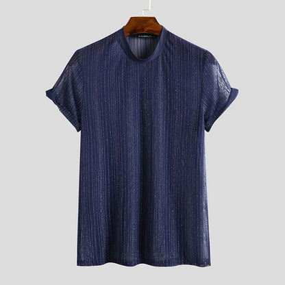 Chemise en maille à manches courtes pour hommes, coupe cintrée, brillante, Sexy, t-shirt de fête, boîte de nuit, mince et respirant, 2023