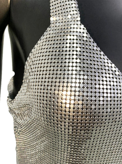 Débardeur gothique à paillettes en métal pour filles, tenues de fête, Festival de musique Rave, gilet dos nu pour femmes, Sexy, coupe basse, col en v, hauts courts