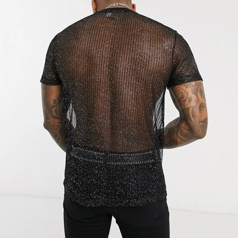 2023 Men Short Sleeve Mesh Shirt Sheer Slim Fit Shiny Sexy T Shirt Party Nightclub Thin Breathable