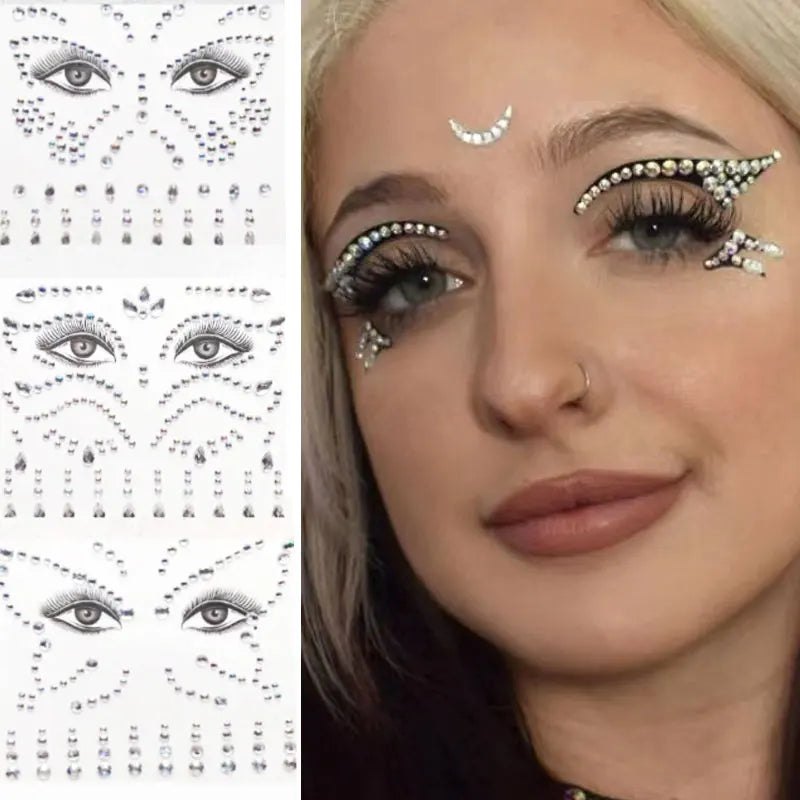 3D Tattoo Sticker Waterproof for Women Face Jewels Rhinestone Eye Stickers Kids Face Glitter Festival Fake Tattoo Art Rave