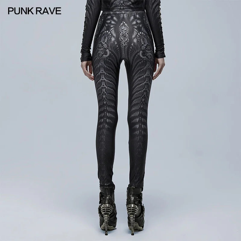 PUNK RAVE Women's Gothic Skinny Skeleton Charm Sexy Knitted Print Leggings Punk Match Simple Pants Women Spring Autumn