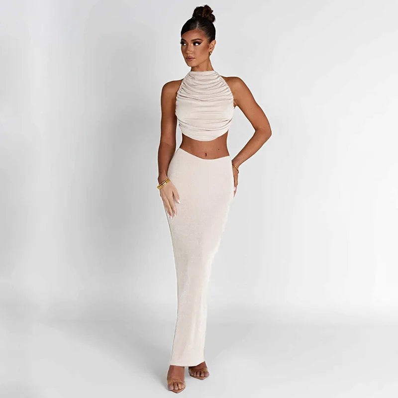 Autumn Winter 2023 Women Sexy Club Party Outfits Sleeveless Backless Crop Top Camis +Maxi Bodycon Skirt Two Piece Matching Sets