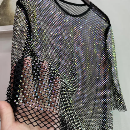 ColorShiny Diamonds sílaba eléctrica camisa básica señoras temperamento delgado cristal cuello redondo media manga Sexy Fiesta Club Top